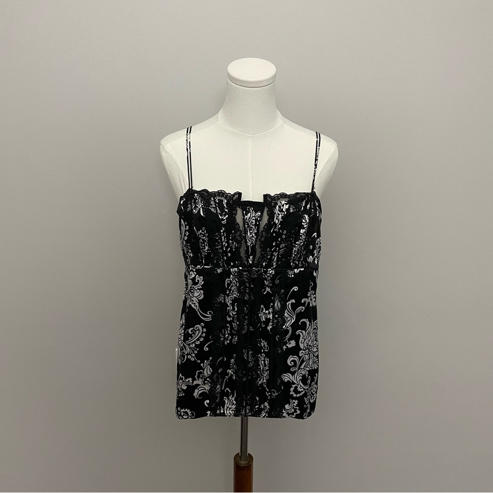 White House Black Market Babydoll Cami Camisole Floral Lace Silk Sleeveless Y2K